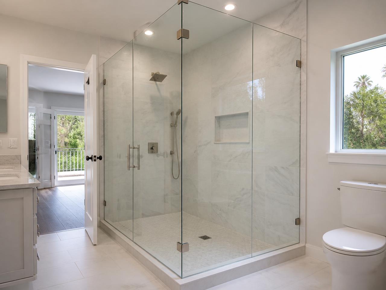 Frameless glass shower enclosure installed by LUNA Glass Pro in a Los Angeles bathroom